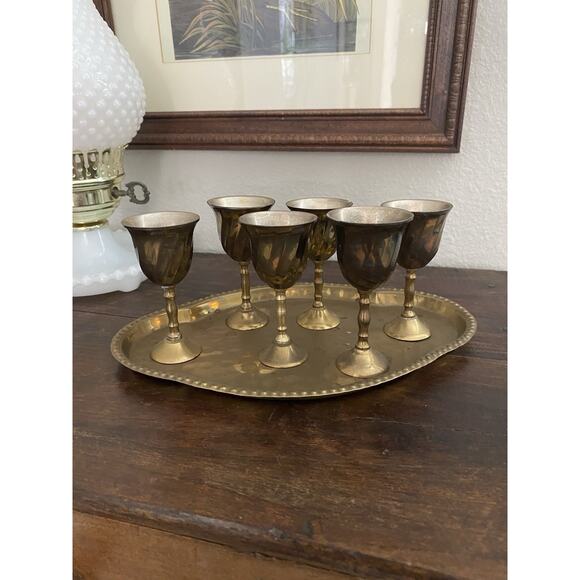 Vintage Midcentury Brass Serving Tray Cordial Goblets Vintage Barware MCM - Picture 1 of 6